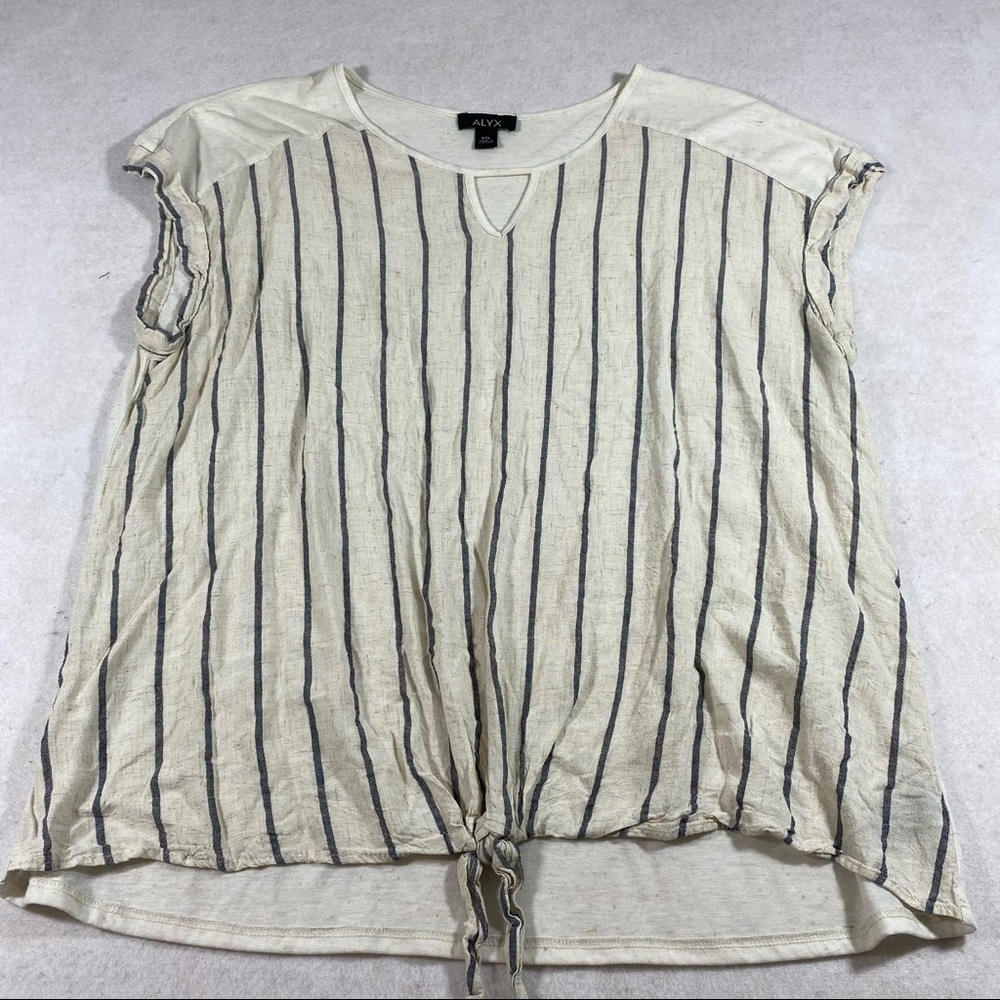 AlYX Linen Blouse Top XXL Striped Short Sleeve Shirt Tie Front Summer Beach Cool